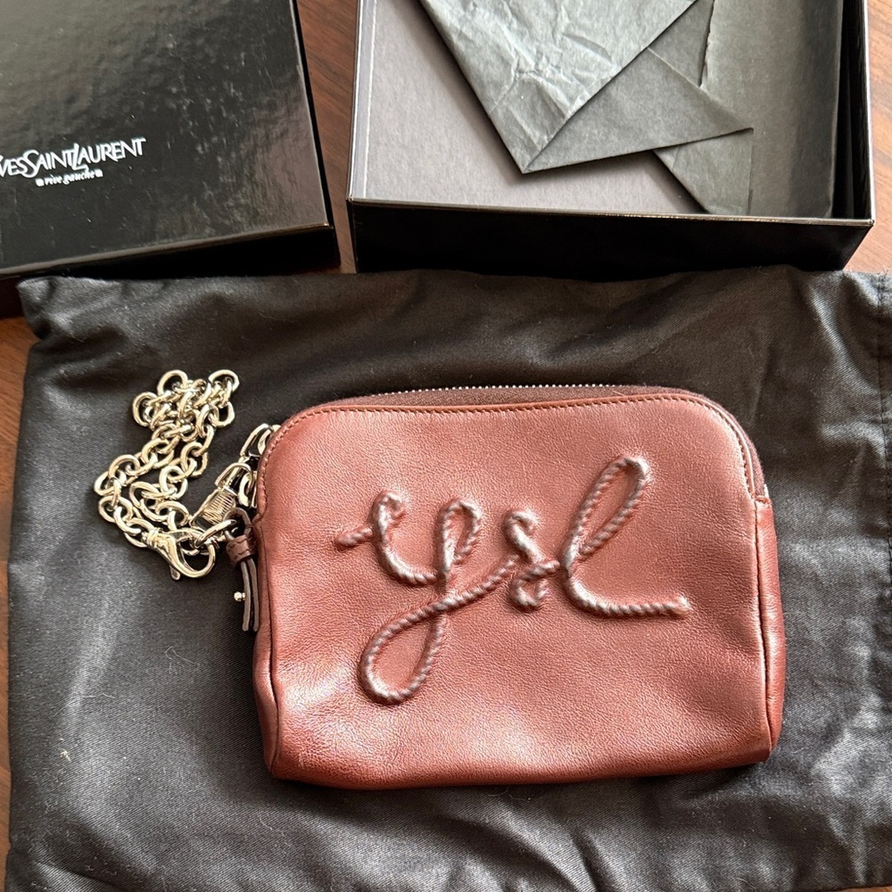 Yves Saint Laurent Brown Leather Clutch with Chain - real